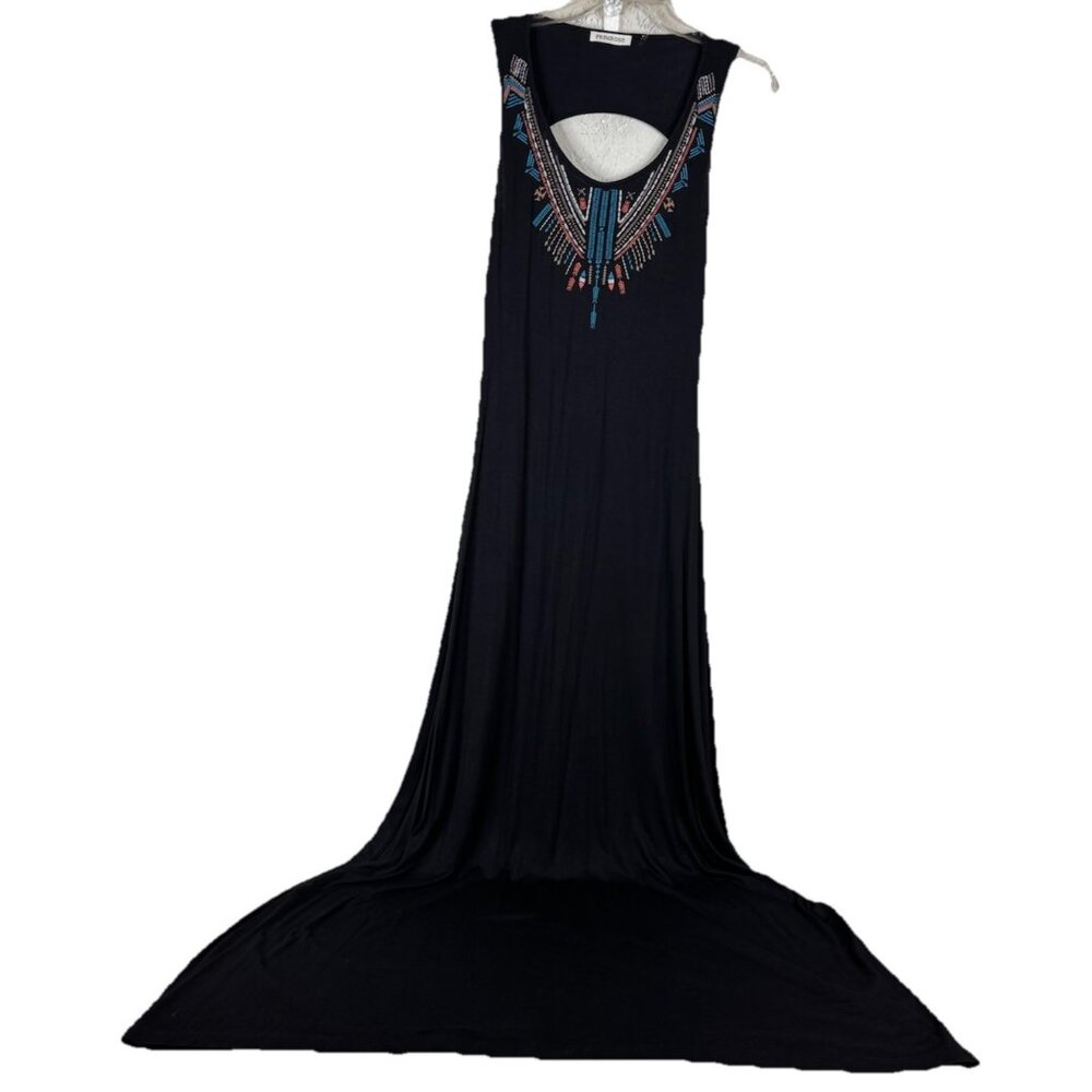 Primrose M/L Long Maxi Dress Lightweight Clingy Black Embroidered Low Back EUC
